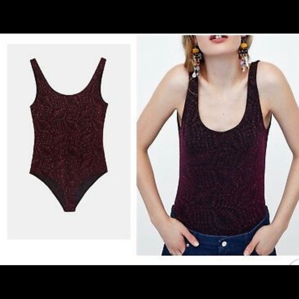 NWOT ZARA BLACK HOT PINK GLITTER BODY BODYSUIT